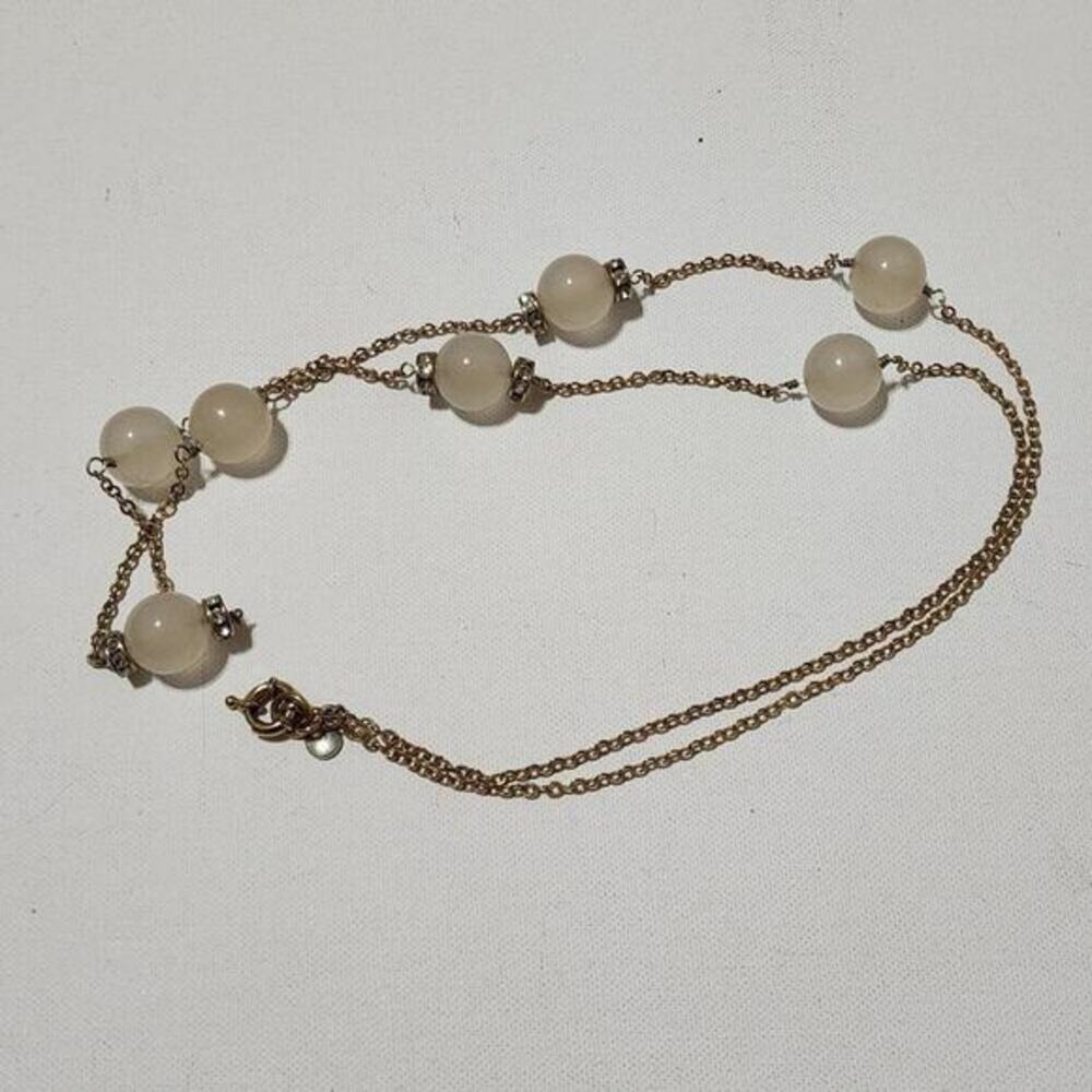 J. Crew Gold‎ Tone Station Necklace White Milky Beads Rhinestone Rondelles Long
